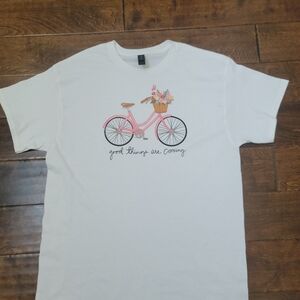 White Womens T-Shirt with Pink Bicycle Design